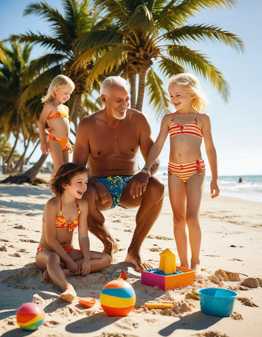 A joyful family at a beach showcasing a grandpa in stylish, retro swimwear, surrounded by kids playing with colorful beach toys and building sandcastles. The sun is shining, and there are palm trees in the background, evoking a sense of fun and nostalgia. The scene captures upbeat summer vibes and lively interactions, emphasizing generations enjoying the beach together. super-realistic. vibrant colors. warm tones.