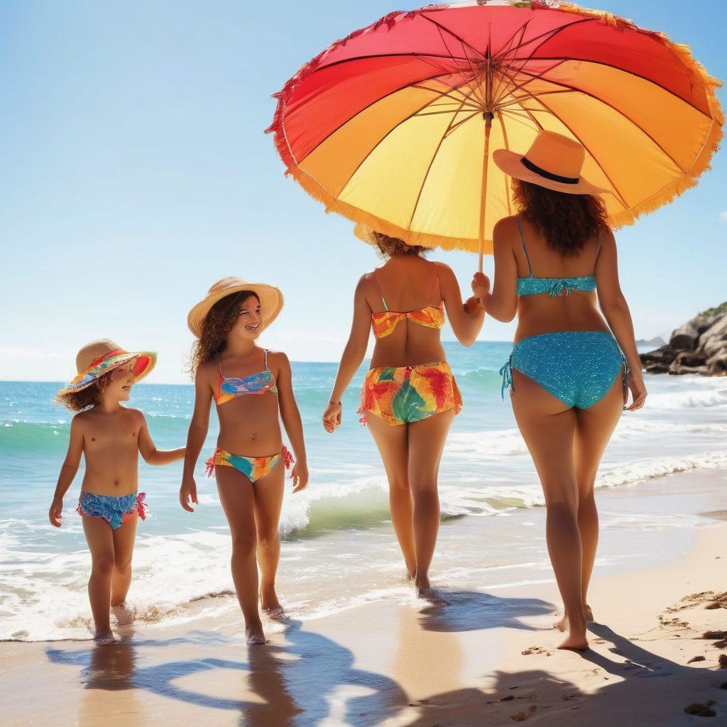 A vibrant beach scene with a stylish family enjoying a sun-soaked day, wearing colorful swimwear. Include beach umbrellas, sun hats, and sunscreen bottles to emphasize safety and style. The background should showcase gentle waves and a clear blue sky. Capture joyful expressions and playful interactions among family members. bright colors. super-realistic.